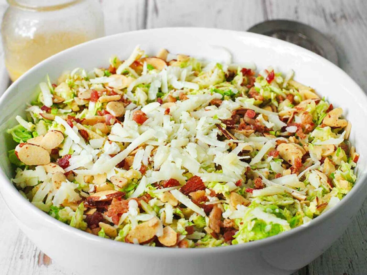 Brussels Sprouts Salad in a white bowl.