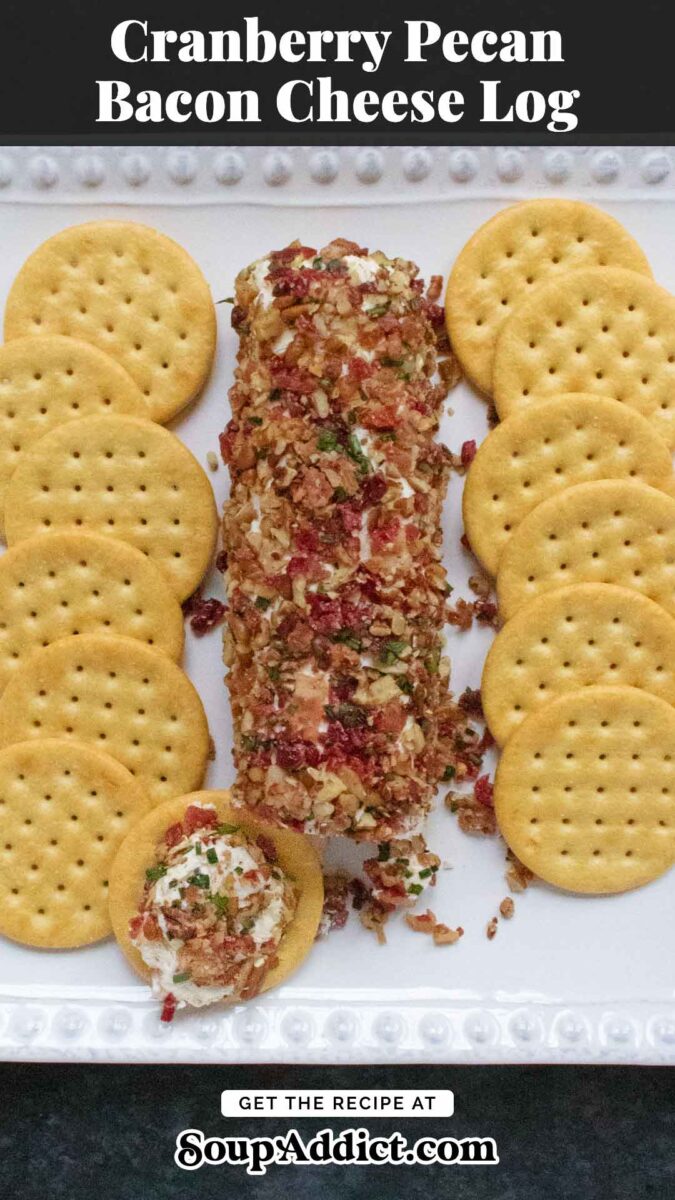 Pinterest pin image for a recipe post for Cranberry Pecan Bacon Cheese Log.