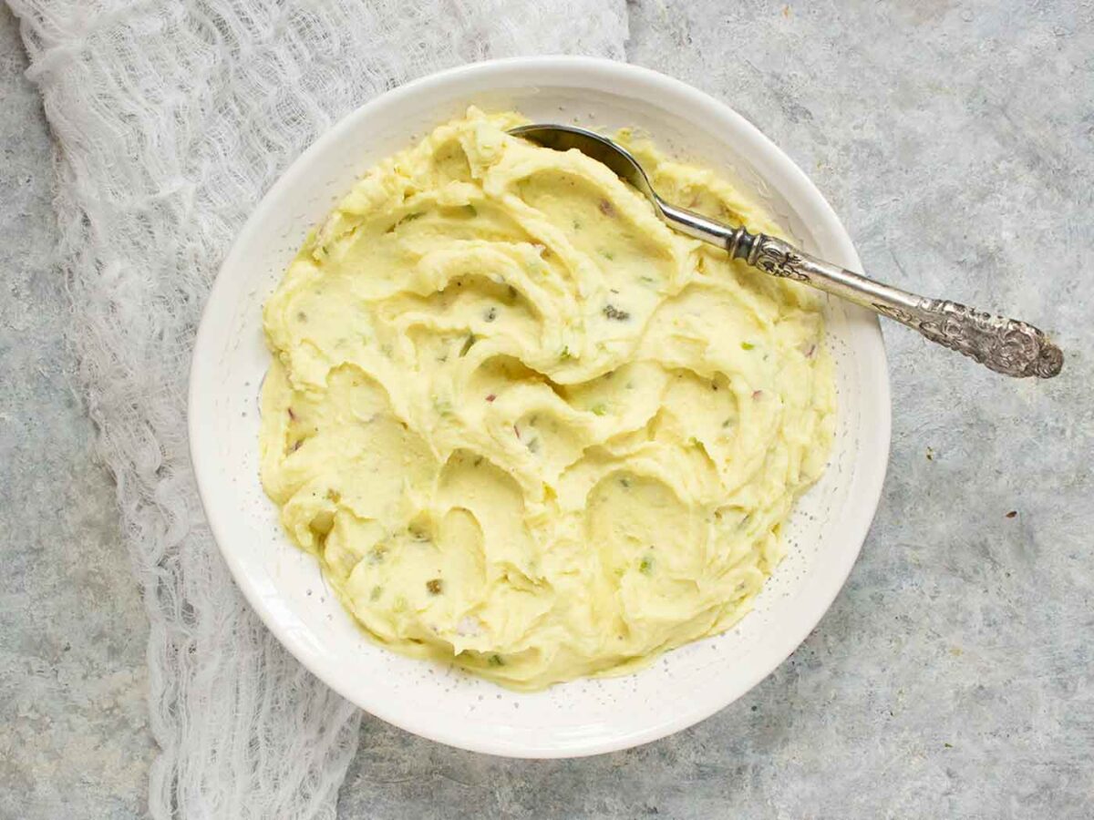 Overhead shot of a bowl of Easy Mashed Potato Salad.