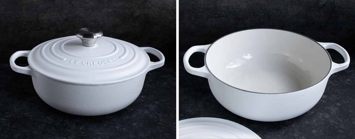 Photo duo of white Le Creuset braiser.