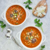 Two bowls of Instant Pot Italian Meatball Soup with Fregola Pastas