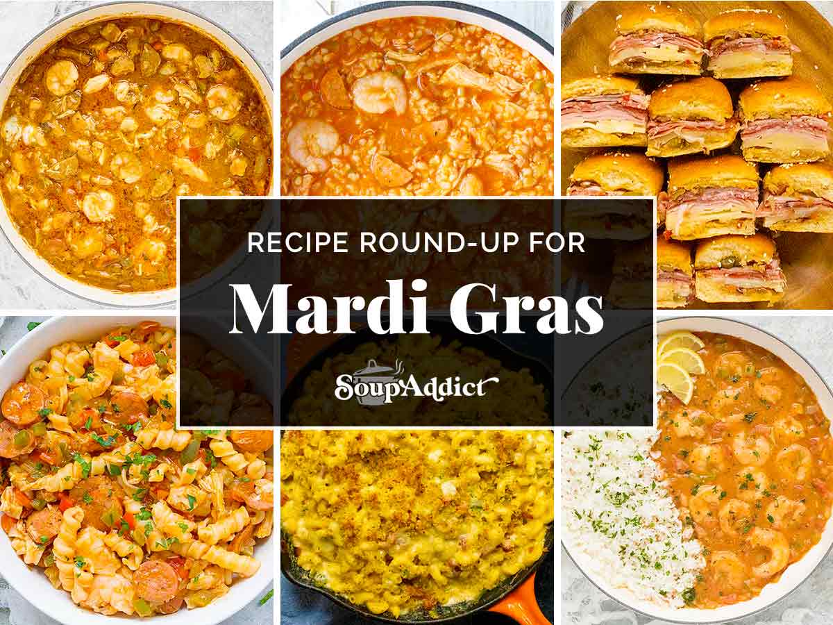 A photo collage of six recipes for a Mardi Gras recipe round-up.