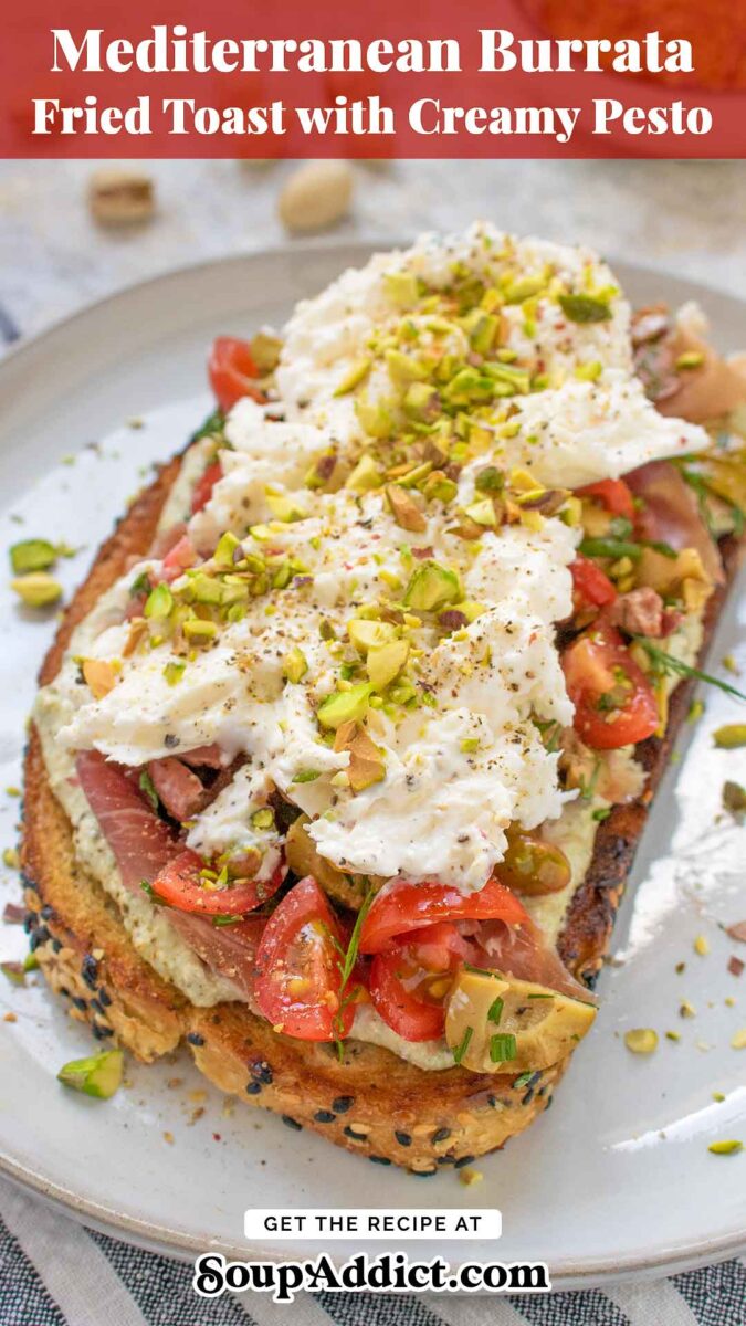 Pinterest pin image for Mediterranean Burrata Fried Toast.