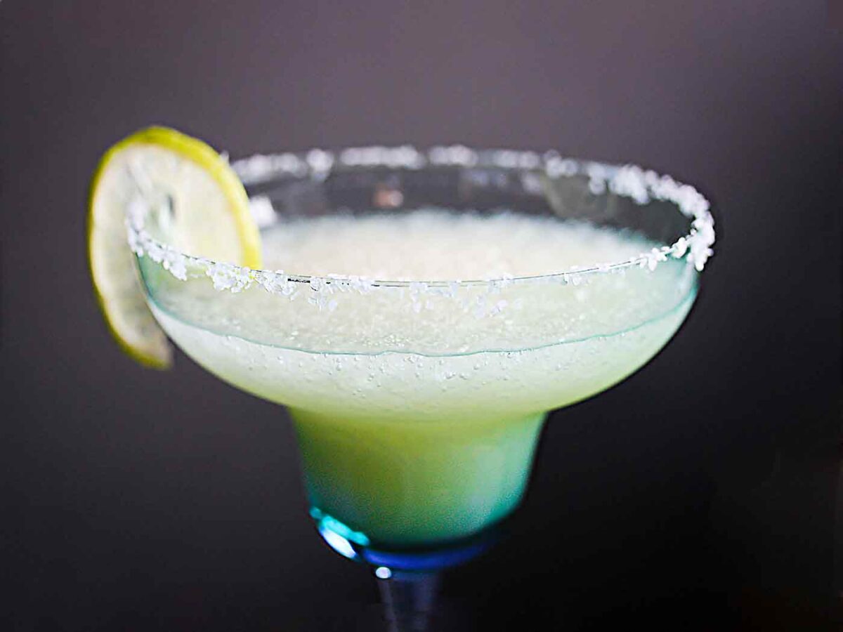 Close-up view of a margarita glass.