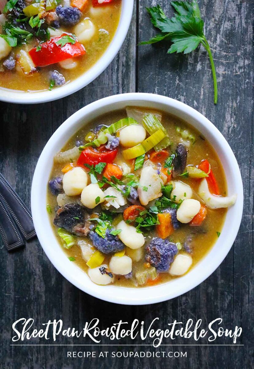 Pinterest pin image for Sheet Pan Roasted Vegetable Soup recipe.
