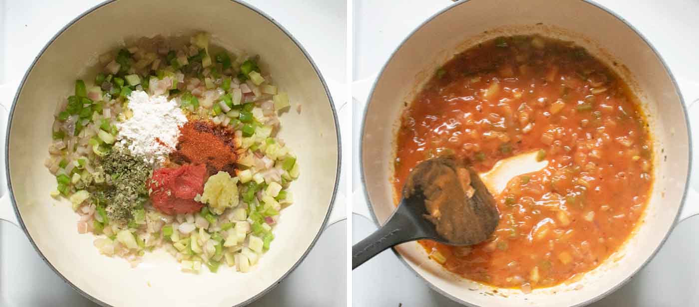 Photo collage of seasonings and thickening step.