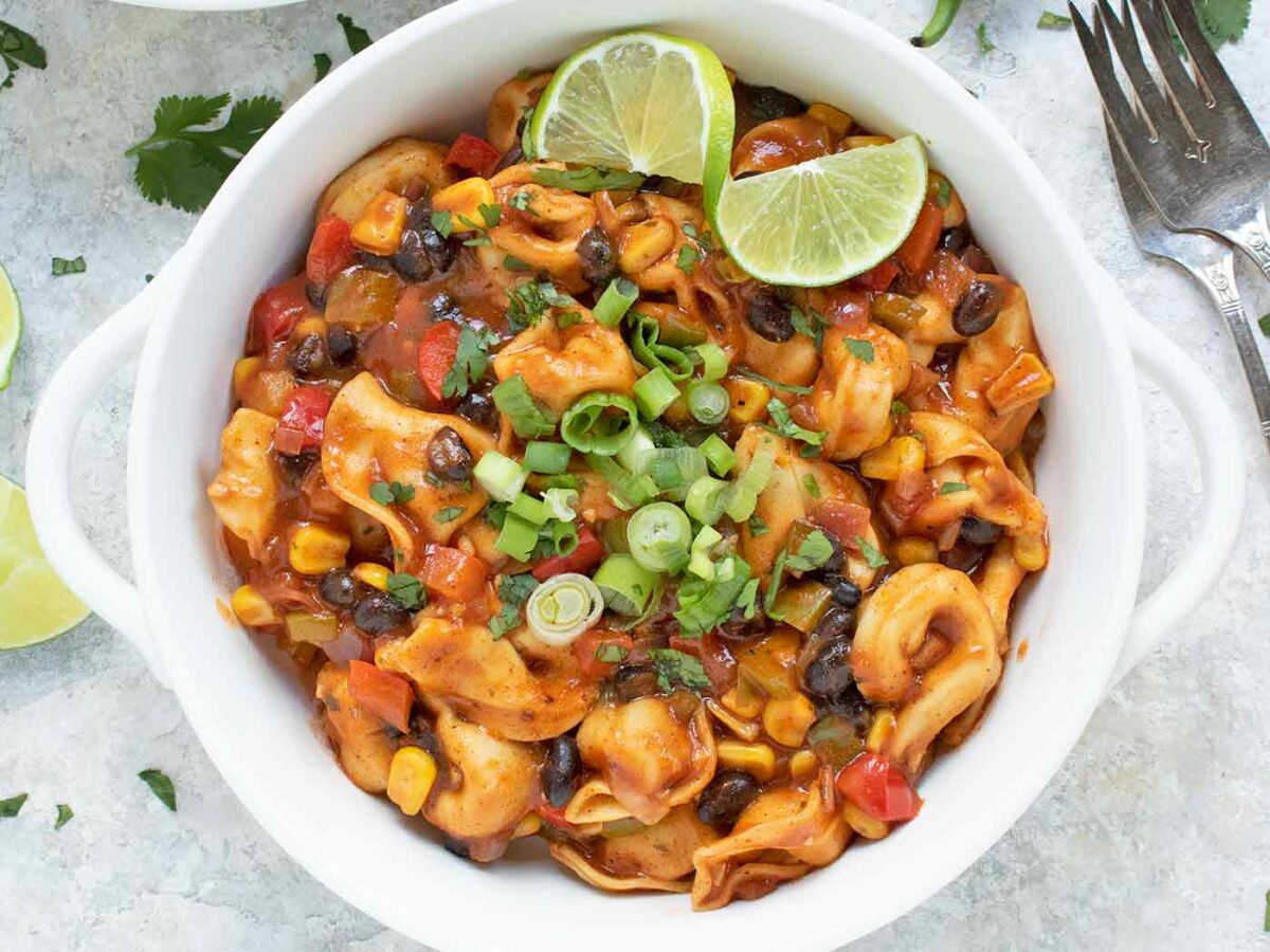 Overhead view of a bowl of Tex-Mex Tortellini.