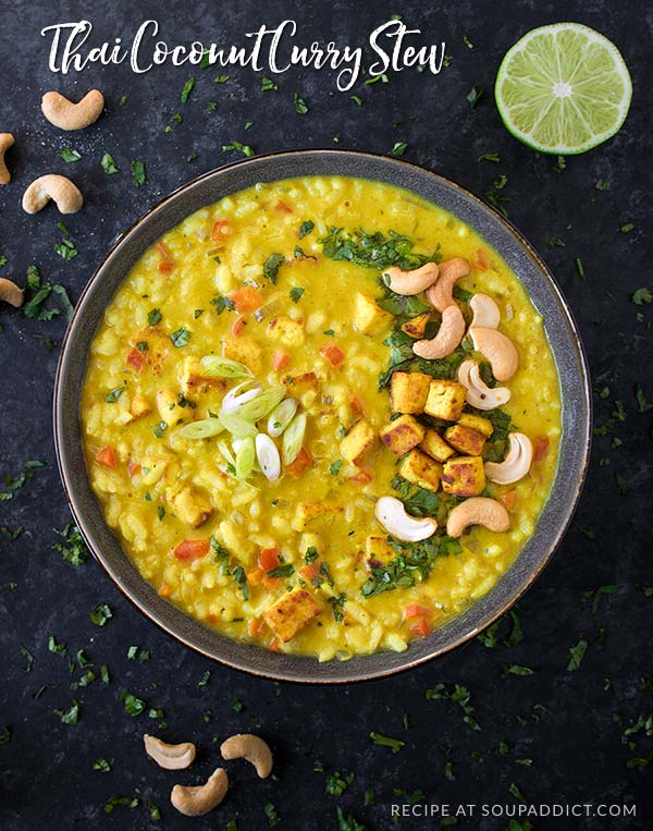 Thai Coconut Curry Stew - a warming, comfort food meal that's perfectly spiced with savory curry and Thai flavors like ginger, lemongrass, and kaffir leaves. Pan-fried, curry-rubbed tofu and rice round out this filling, satisfying stew. Recipe at SoupAddict.com | vegetarian stew | stew recipe | healthy stew | vegan stew | gluten-free | coconut curry soup | thai stew | tofu | food in bowls