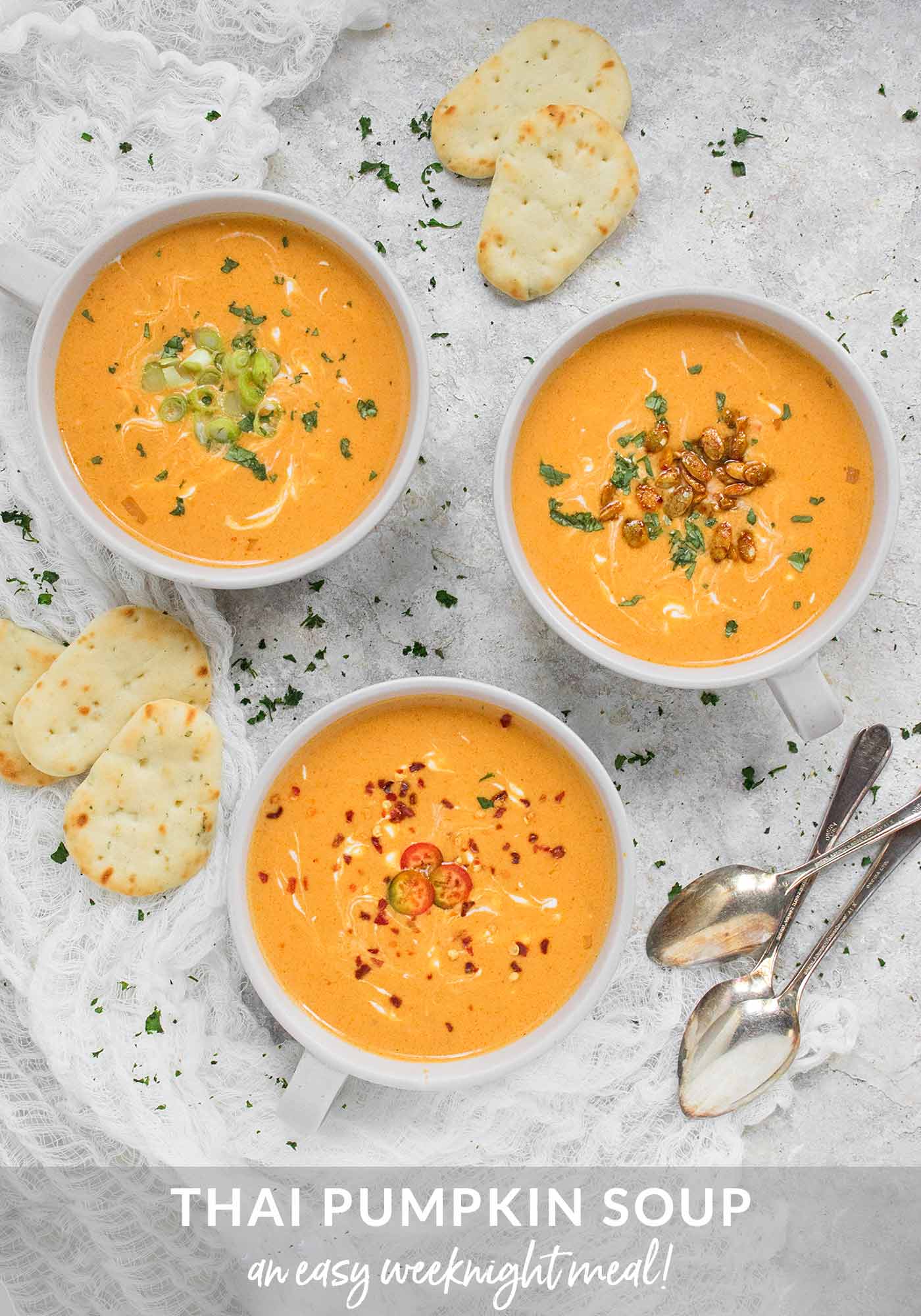 Three bowls of Thai Pumpkin Soup