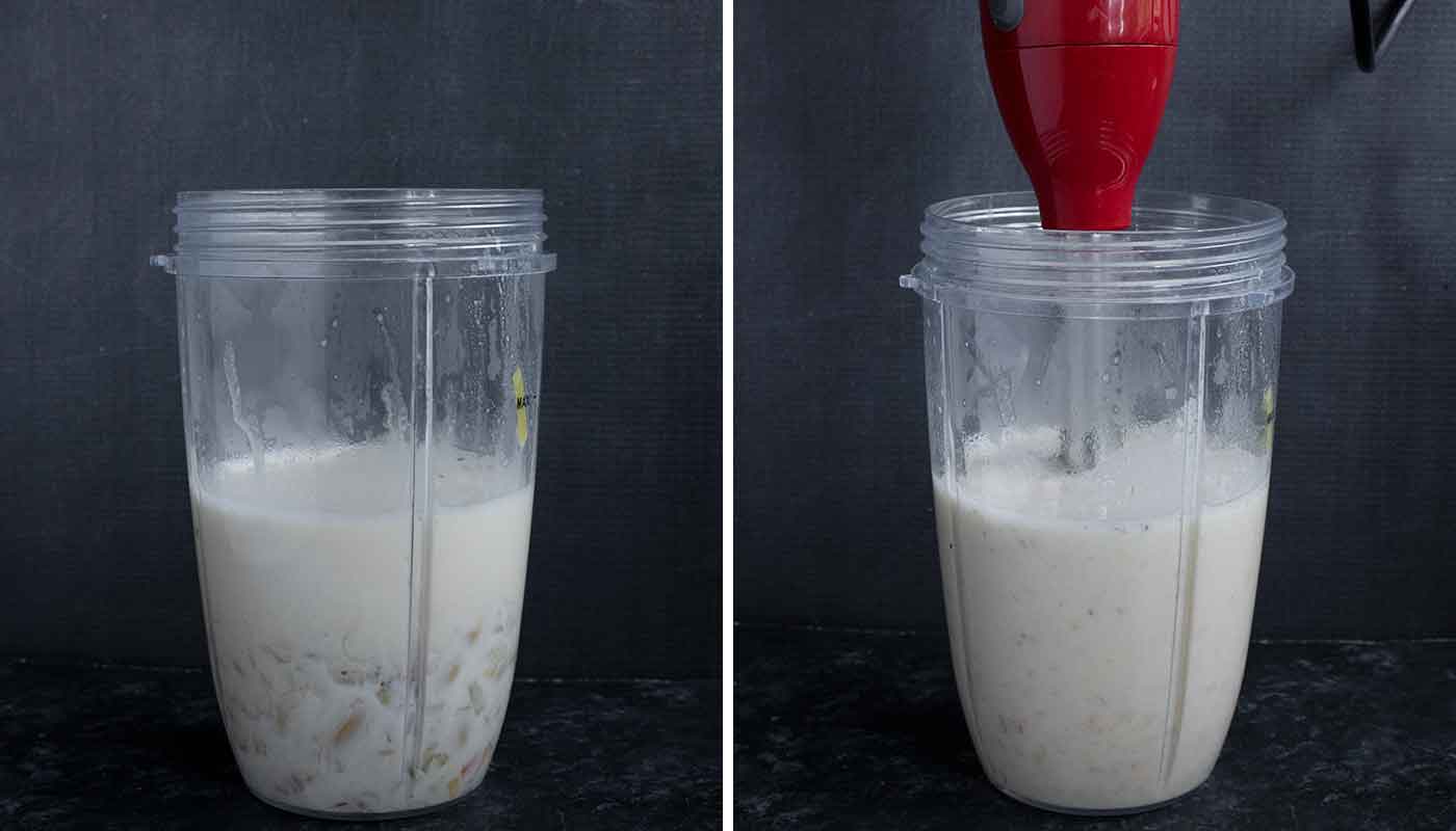 A photo duo showing blending some of the beans with heavy cream using a red immersion blender.